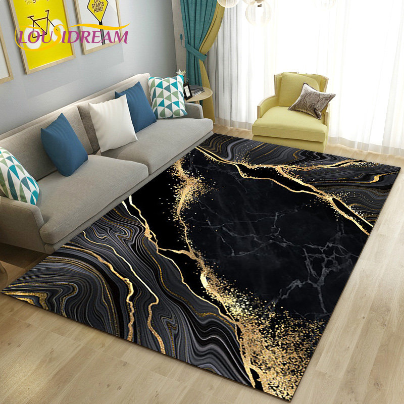 Home Textiles Rug - Nordic Schwarz Gold Blau Marmor Teppich