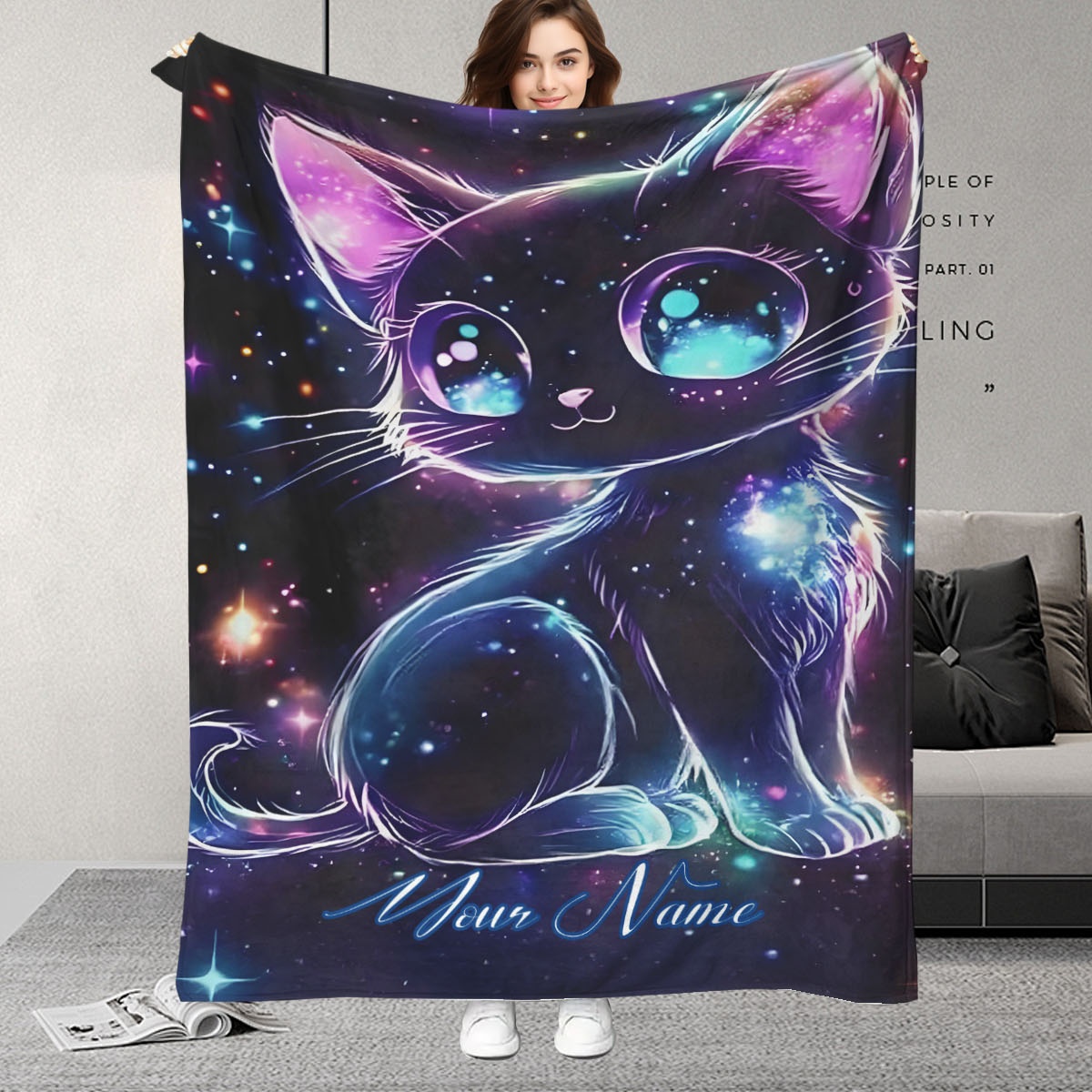 Galaxy Home Textiles - Anpassbare Decke mit Galaxie-Katzen-Muster, Kosmische Kätzchen-Illustration,